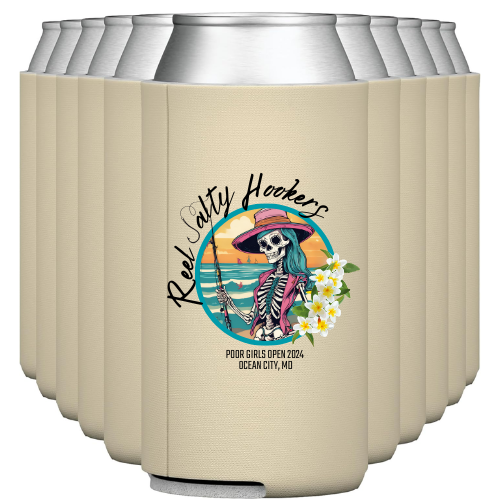 Reel Salty Hooker Can Koozies in Sand - 2 Sizes